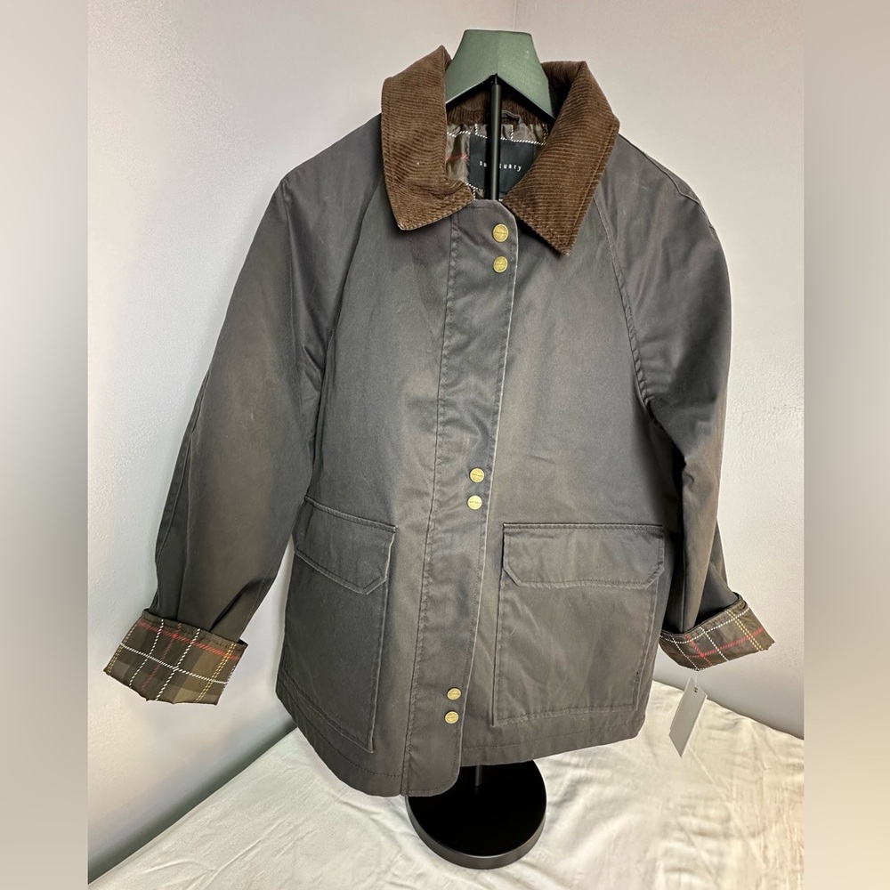 Sanctuary Black Waxed Jacket Size M NWT Corduroy Collar Plaid Lined Barn Coat